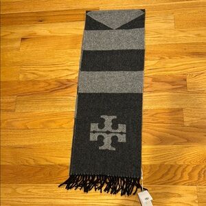Gray and Black Striped Scarf with Logo